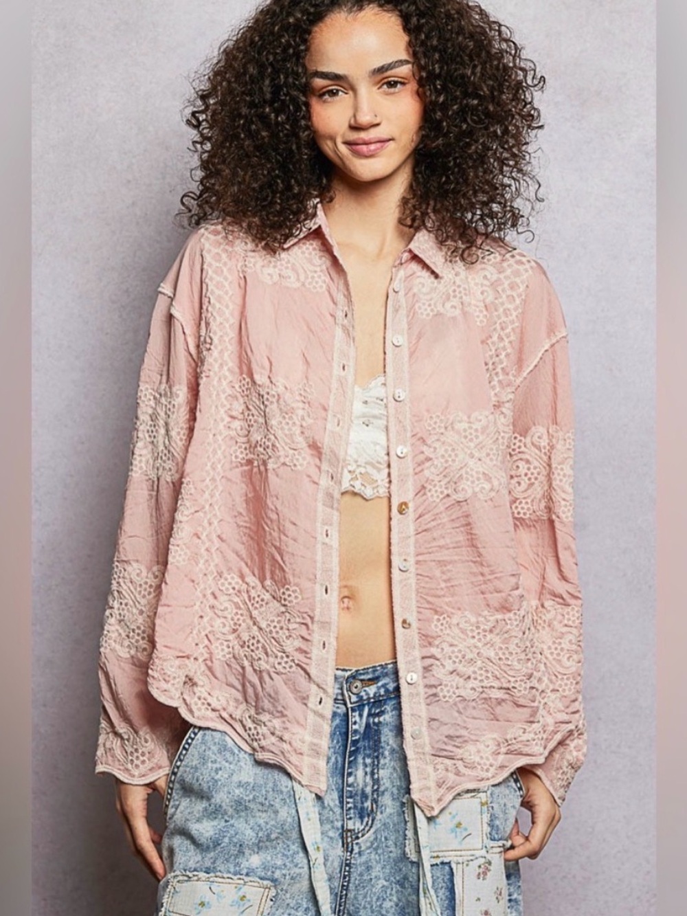 Women's Pink Lace-Panel Button-Down Shirt